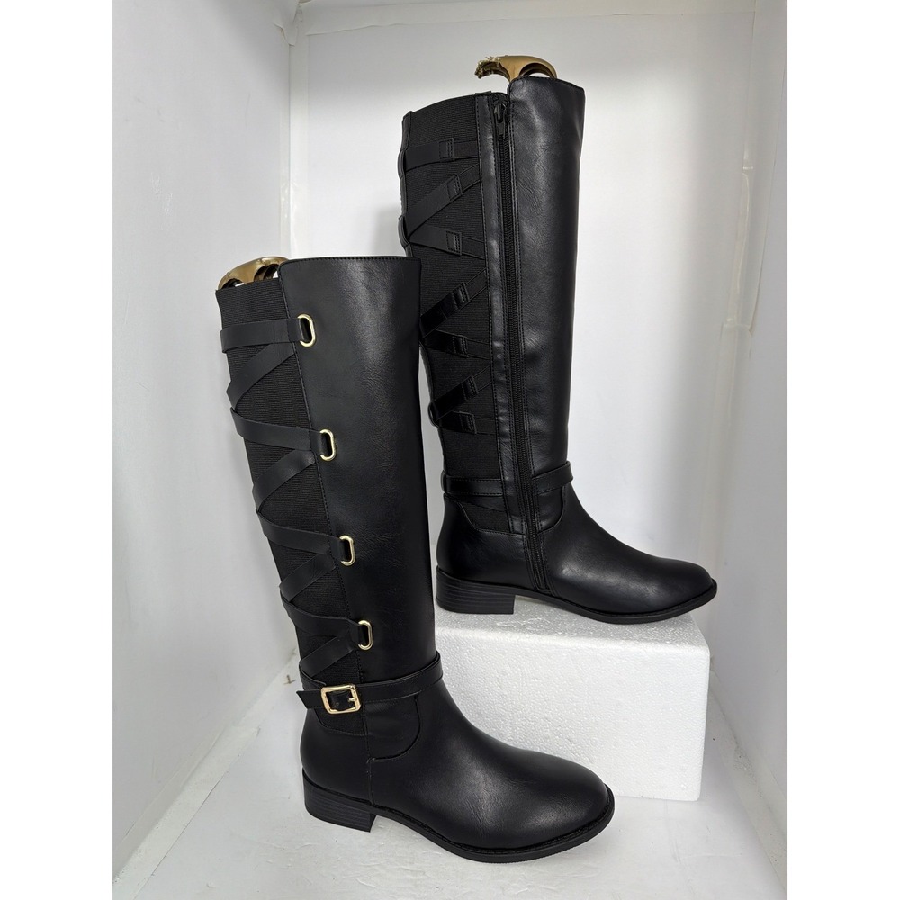 Wild Diva Veronika Black Knee High Cage Back Elastic Strap Riding Boots 7.5M